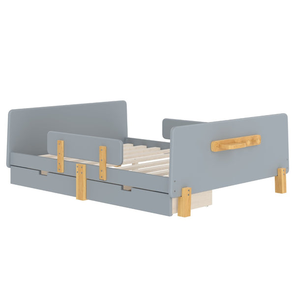 English Elm Twin Low Profile Kids Floor Bed Pine Wood Frame with Safety Rail and Built in Bookshelf Gray W1580P373246
