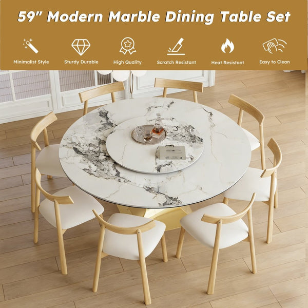 English Elm 59" Round Sintered Stone Table Set Seats Eight with Gold Hourglass Base Lazy Susan W2700S00131
