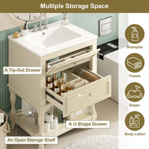 English Elm 24'' Retro Bathroom Vanity Mdf Cabinet with Ceramic Sink Open Shelf and 2 Drawers Beige N710P405414Y