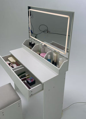 English Elm 31" X 20" Led Vanity Table Set with Cushioned Stool Touch Lighting Small Space White W3258P453340