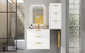 English Elm 24inch Bathroom Vanity with Sink - Wall-Mounted Floating Combo with Ceramic Basin, Modern L-Handle Design White N710S324097K