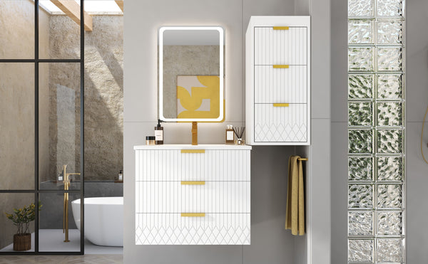 English Elm 24inch Bathroom Vanity with Sink - Wall-Mounted Floating Combo with Ceramic Basin, Modern L-Handle Design White N710S324097K