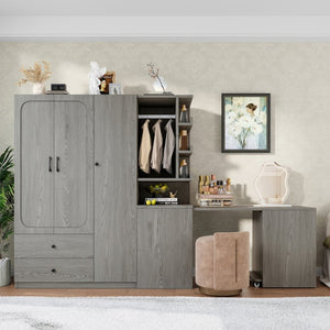 English Elm Multifunctional Wardrobe Cabinet with Fold Out Desk Hanging Rod and Storage Drawers Gray W1580S00476