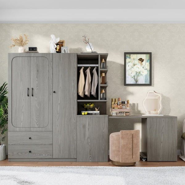 English Elm Multifunctional Wardrobe Cabinet with Fold Out Desk Hanging Rod and Storage Drawers Gray W1580S00476