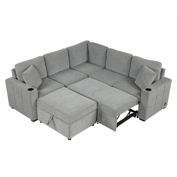 English Elm 84.7" Sectional Sofa Convertible Pull-Out Bed with Hidden Ottoman, USB Ports, Cup Holders, Chenille Comfort Gray N719S001930E