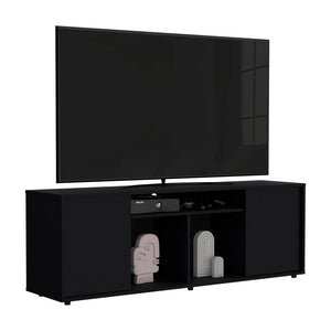 English Elm Tv Stand modern media console for TVs up to 65" with two cabinets, three open shelves, sturdy design Black 63.77 L x 19.29 W x 5.51 H B097132953