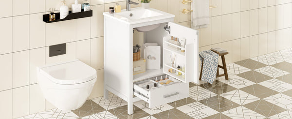 English Elm 20-Inch Compact Bathroom Vanity with Ceramic Sink, Soft-Close Storage, Divider Drawer & Easy Plumbing Access White N729P334847K