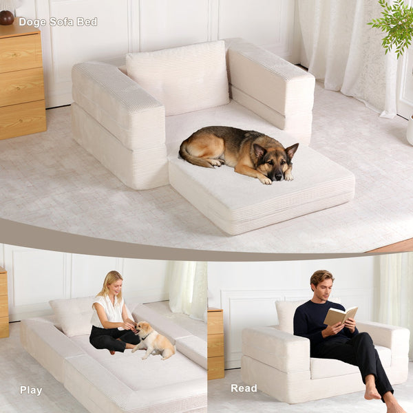 English Elm Compression Human Dog Sofa Bed 3-in-1 Folding Corduroy Floor Couch with Memory Foam Pillow for Living Room Beige W3723P376787