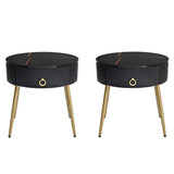 English Elm Φ19.6'' Easy Assembly End Tables With High Gloss Faux Marble Tabletops, Set Of 2, Modern Fluted 2 Side Tables With Drawers, Round Coffee Tables With Golden Legs For Living Room, Black