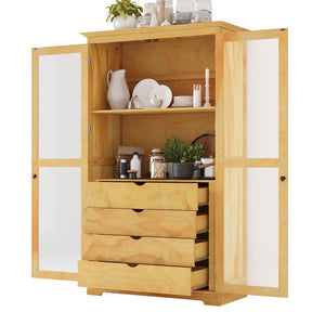 English Elm Topmax Solid Pine Pantry Cabinet with Glass Doors Four Drawers Farmhouse Storage Natural SP000086AAA