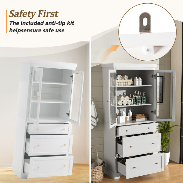 English Elm 70.1" Modern Tall Storage Cabinet with 3 Drawers, 2 Adjustable Shelves, Soft-Close Glass Doors, Gold Handles White N729P271979K