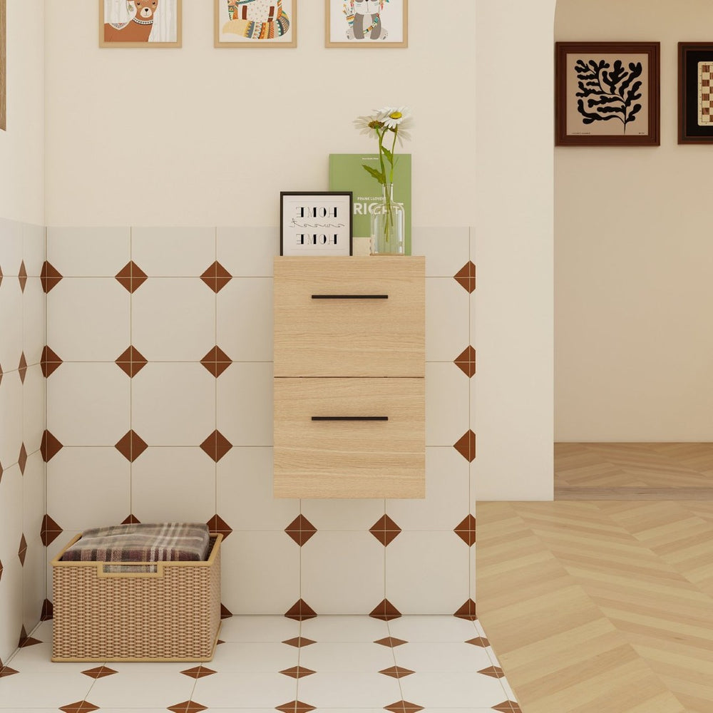 English Elm 12" Wall-mounted Oak Plywood Bathroom Linen Cabinet Slim Floating Single Door Storage W3450P440598