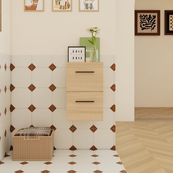 English Elm 12" Wall-mounted Oak Plywood Bathroom Linen Cabinet Slim Floating Single Door Storage W3450P440598