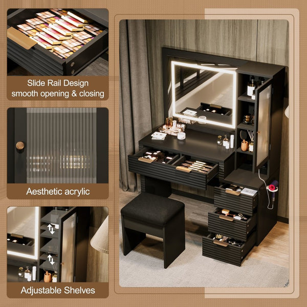 English Elm 43.5" Fluted Black Makeup Vanity with Lighted Mirror Charging Station and Storage Stool N704P340248B