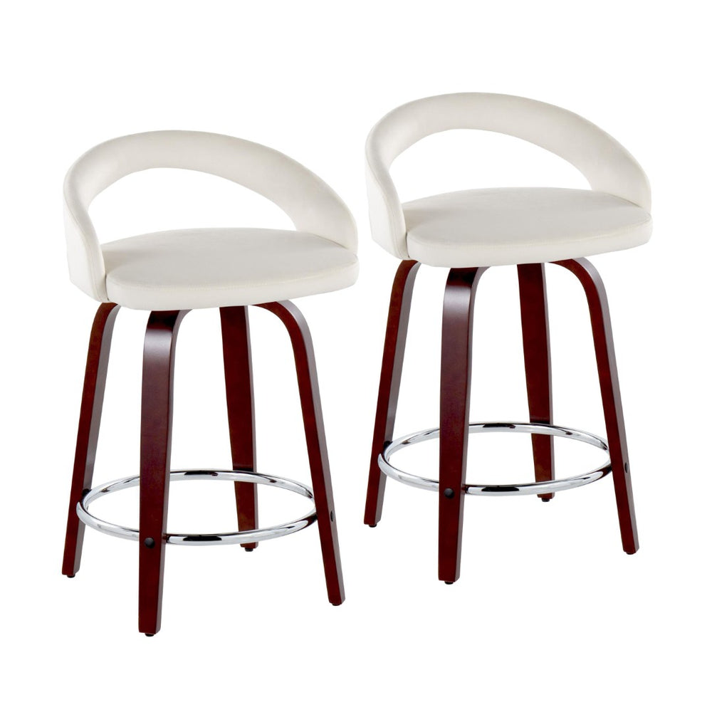English Elm Fixed-height Swivel Counterstools Mahogany Wood Chrome Footrest Velvet Seat Set of 2 White B202S01762