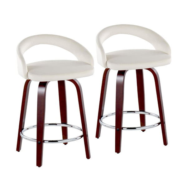 English Elm Fixed-height Swivel Counterstools Mahogany Wood Chrome Footrest Velvet Seat Set of 2 White B202S01762