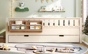 English Elm Twin Kids Platform Bed with Trundle Staircase Bookshelf and Rounded Safety Rails Beige W1580S00559