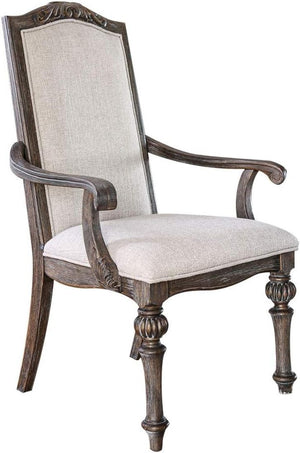 English Elm Natural Rustic 2-Piece Arm Chair Set With Ivory Upholstered Seats & Intricate Wood Inlay Detail B2741P408875