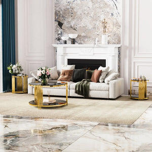 English Elm Modern Round Mirrored Glass End Table with Gold Metal Frame and Lower Display Shelf Black N735P380092B