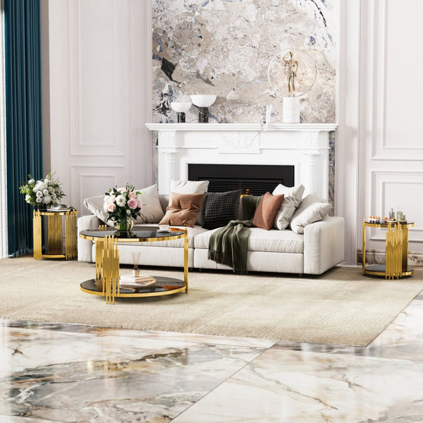 English Elm Modern Round Mirrored Glass End Table with Gold Metal Frame and Lower Display Shelf Black N735P380092B
