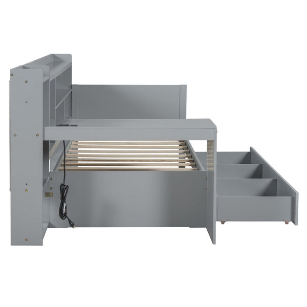 English Elm Twin Size Multifunctional Wooden Daybed With Usb Ports, Desk & 3 Storage Drawers In Gray Finish N820S00017E-GIGA