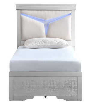 English Elm Lorana Plush Teddy Upholstered Twin Bed with Built-in Led Headboard for Kids Rooms Silver B078S00659
