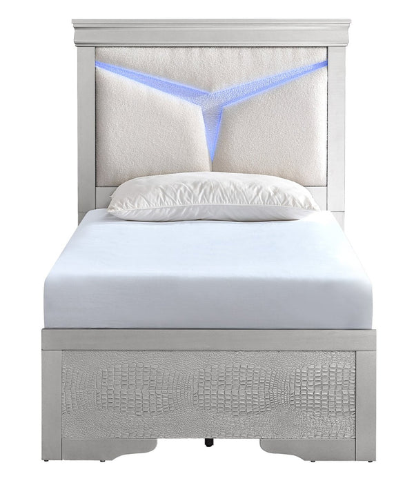 English Elm Lorana Plush Teddy Upholstered Twin Bed with Built-in Led Headboard for Kids Rooms Silver B078S00659