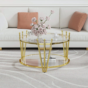 English Elm 31.5inch Modern Luxury Gold Coffee Table with Two-Tier Storage, Tempered Glass Top, Elegant Crown Design Clear W1550P171448