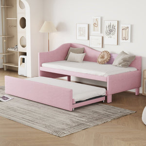 English Elm Twin L-shaped Linen Upholstered Daybed with Hydraulic Pop-up Trundle for Guest Rooms Pink SF000193AAH-1