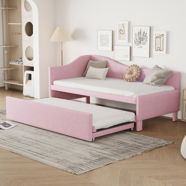 English Elm Twin L-shaped Linen Upholstered Daybed with Hydraulic Pop-up Trundle for Guest Rooms Pink SF000193AAH-1
