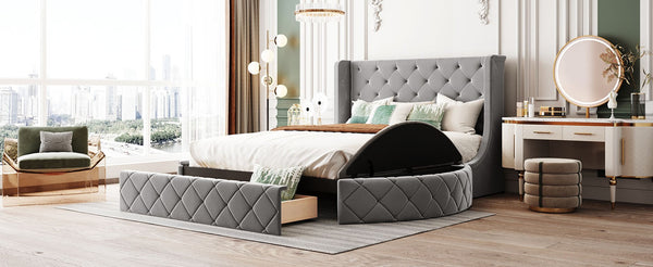 English Elm Upholstered Queen Platform Bed Velvet Wingback Frame with Storage Drawer and Side Stools Gray LP200815AAE