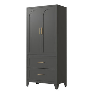 English Elm 71" Steel Wardrobe with Hanging Rod Two Drawers and Shelf for Compact Bedroom W3387P411306