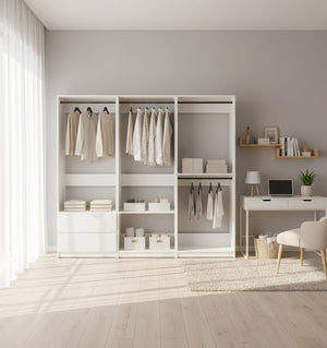 English Elm Prosper Freestanding White Wood Walk-In Closet System – Durable Melamine, Oak Finish, Modular Storage Elegance B040S00143