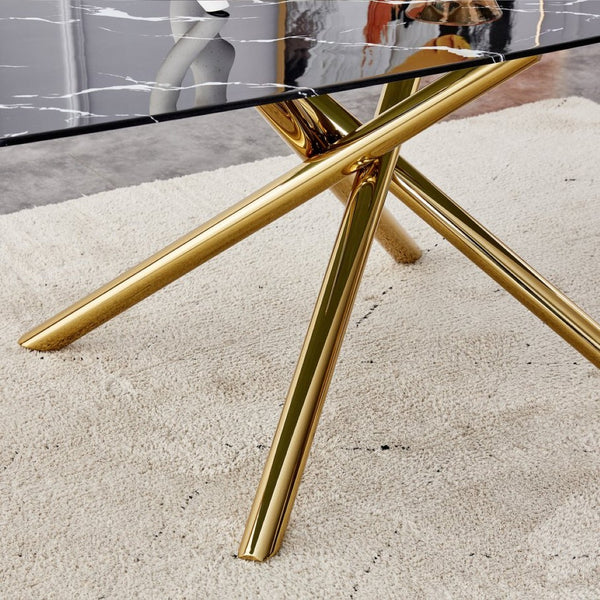 English Elm Large Tempered Glass Rectangular Dining Table Seats Six with Matte Black Metal Frame W1151S04535