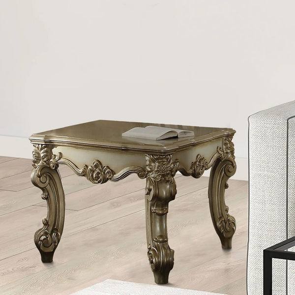English Elm Gold Patina and Bone Scrolled Leg End Table — Square Accent Table with Ornate Trim, Elegant Contrast, Sturdy Support B062P209409
