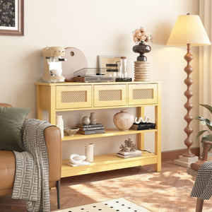 English Elm 43.3" Farmhouse Console Table Rattan Drawer Fronts Open Shelving Entryway Storage Natural Wood T3210P426416