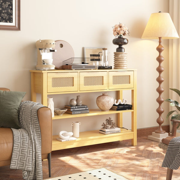 English Elm 43.3" Farmhouse Console Table Rattan Drawer Fronts Open Shelving Entryway Storage Natural Wood T3210P426416