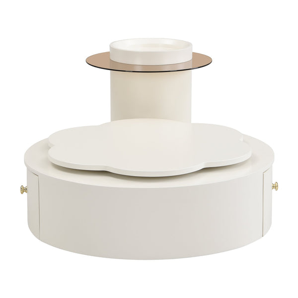 English Elm U-Can Cream Floral Round Coffee Table Set of 2 with Tempered Glass Tops, 2 Drawers & Rotating Design SJ000137AAK