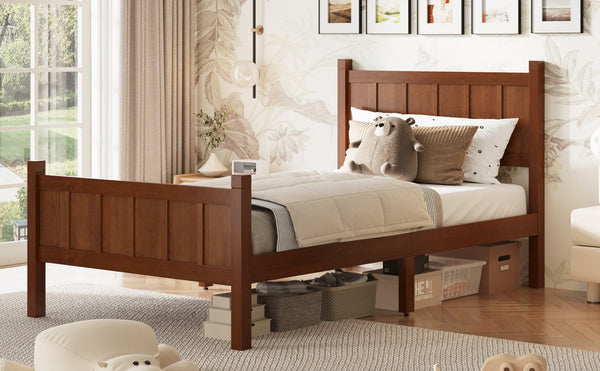 English Elm Twin Platform Bed Vertical Slat Headboard Farmhouse Shaker Wood Grain Finish Bedroom Dark Walnut N733P422478P