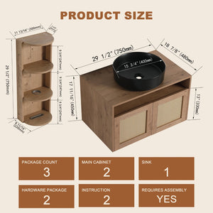 English Elm 30" Floating Bathroom Vanity Oak Finish Ceramic Vessel Sink Soft Close Plywood Cabinet W999S00502