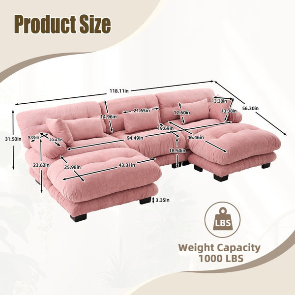 English Elm United We Win Plush U-Shaped Cloud Couch Set With 2 Ottomans & Bolster Pillows For Cozy Living Room W1568S00198-GIGA