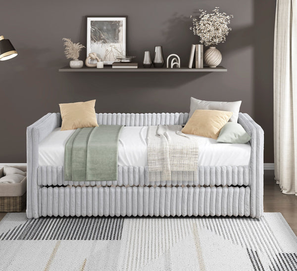 English Elm 1pc Daybed with Trundle Corduroy Upholstery Modern Luxury Guest Sofa Bed Durable & Space-Saving Design Gray 43 L x 38 W x 9.5 H B011S01720