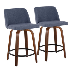 English Elm Toriano Mid-Century Counter Stool Set of 2 — 24" Fixed-Height Swivel Upholstered Seat, Walnut Finish Blue B202S00094