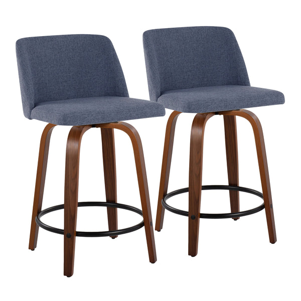 English Elm Toriano Mid-Century Counter Stool Set of 2 — 24" Fixed-Height Swivel Upholstered Seat, Walnut Finish Blue B202S00094
