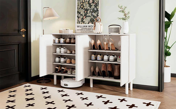 English Elm ON-TREND Farmhouse Storage Cabinet with Gourd Legs, Adjustable Shelves, Anti-Tip Tall Pantry Unit White N721P205785K