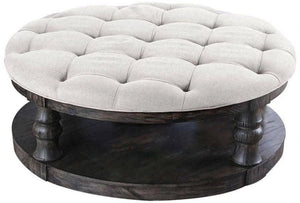 English Elm Rustic Round Wooden Coffee Table 48" Dia x 20" H with Weathered Finish, Turned Legs, Open Shelf and Button-Tufted Beige Linen Top Antique Grey 51 L x 51 W x 13 H B2741P357495