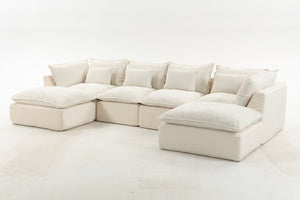 English Elm 129.8" Wide Modular Cloud Sectional Cotton Linen Sofa with Deep Foam Seats and Ottomans Antique White W2530S00016