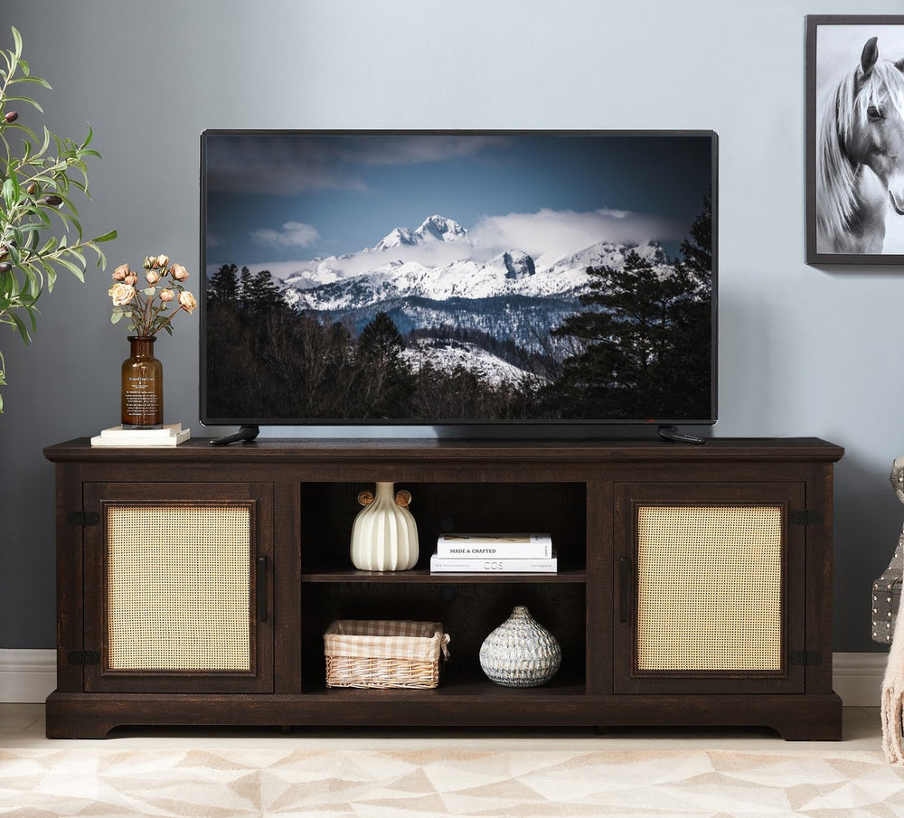 English Elm Farmhouse Rattan TV Stand Console Table with Ample Storage, Cable Management & Adjustable Shelves for 70" TVs Espresso W1758P178931