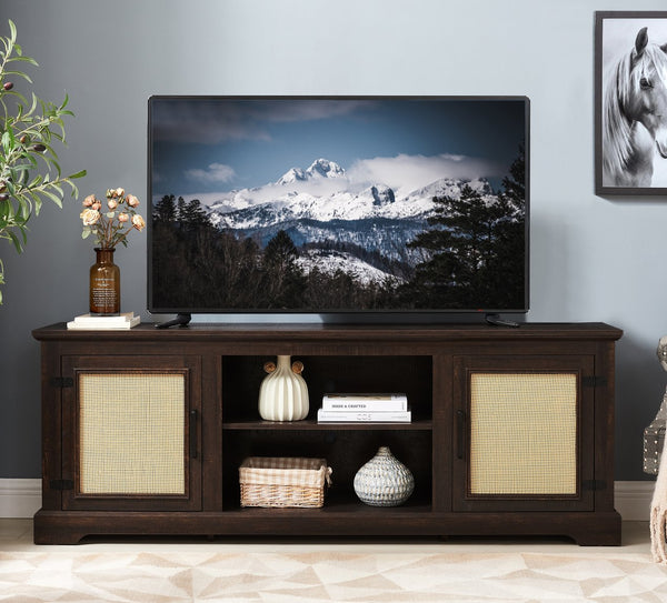 English Elm Farmhouse Rattan TV Stand Console Table with Ample Storage, Cable Management & Adjustable Shelves for 70" TVs Espresso W1758P178931