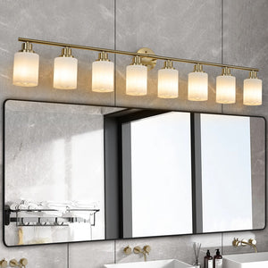 English Elm 8-Light Golden Bathroom Vanity Light Fixture, Frosted Glass Shades, Modern Wall Mounted Lighting (No Bulbs)